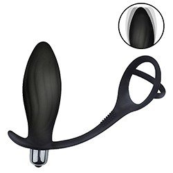 Foto do Produto Plug Anal com Vibrador em Silicone com Anel Peniano e Escrotal com 10 Vibra��es Preto