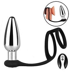 Foto do Produto Plug Anal com Vibrador em A�o Inoxid�vel Recarreg�vel 10 Vibra��es, Anel Peniano e Controle sem Fio