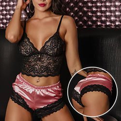 Baby Doll Sensual Sexy em Renda sem Bojo com Short em Cetim Rosa e Preto