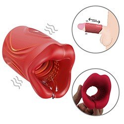 Foto do Produto Masturbador Masculino Recarregável em Silicone com 10 Vibrações Formato de Boca Vermelho