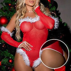 Fantasia Erótica Mamãe Noel - Body Natalino Sexy em Tule com Plumas Brancas e Luvas Vermelho