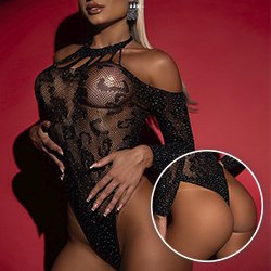 Body Cavado Ousado Sexy em Renda Arrastão Estilo Bodystocking com Strass e Estampa de Onça Preto