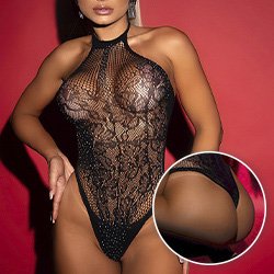 Body Cavado Ousado Sexy em Renda Arrastão Estilo Bodystocking com Strass Frente Única Preto