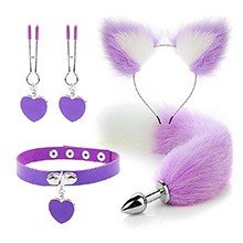 Foto do Produto Plug Anal Rabo de Raposa em Aço com Tiara de Orelhas, Gargantilha e Prendedor de Mamilo Lilás