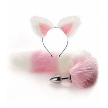 Foto do Produto Plug Anal Rabo de Raposa em Aço com Cauda de Pelúcia e Tiara de Orelhas Branco e Rosa