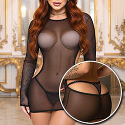Vestido Sensual Ousado Sexy em Tule Transparente sem Bojo com Calcinha String Animal Print Preto