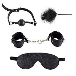 Kit Bondage 4 Itens: Algema, Mordaça, Venda e Acessório para Prática de Tickling (Cócegas) Preto