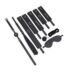 Kit Bondage 7 Itens: Algema, Mordaça, Coleira, Tornozeleira, Flogger, Venda e Corda Preto