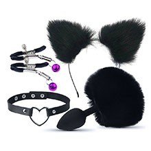Foto do Produto Plug Anal Rabo de Coelho em Silicone com Tiara de Orelhas, Gargantilha e Prendedor de Mamilo Preto