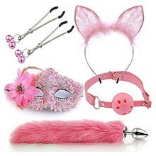 Foto do Produto Plug Anal Rabo de Raposa em Aço com Tiara, Mordaça, Prendedor de Mamilo Máscara Rosa