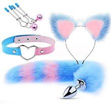 Foto do Produto Plug Anal Rabo de Raposa em Aço com Tiara de Orelhas, Gargantilha e Prendedor de Mamilo Azul