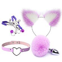 Foto do Produto Plug Anal Rabo de Coelho em Aço com Tiara de Orelhas, Gargantilha e Prendedor de Mamilo Lilás