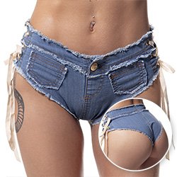 Foto do Produto Micro Shorts Jeans Sexy com Acabamento Desfiado com Bolso e Ilh�s nas Laterais Azul