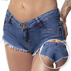 Micro Shorts Jeans Sexy com Acabamento Desfiado com Bolso Falso Azul