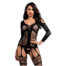 Foto do Produto Body Ousado Sexy com Liga e Meia Manga Comprida em Spandex no Estilo Bodystocking Preto