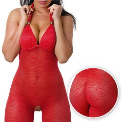 Macacão Sensual em Renda Elástica com Bojo e Abertura Vermelho