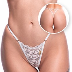Foto do Produto Calcinha String Fio Dental Sexy em Renda com Regulagem e Bijoux Branca
