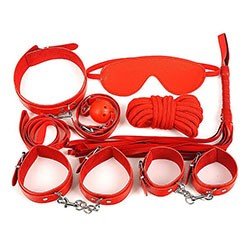 Foto do Produto Kit Bondage 7: Venda, Morda�a, Corda, Flogger, Coleira com Guia e Duas Algemas Vermelho
