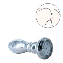 Foto do Produto Plug Anal com Glande e Base Redonda com Relógio Decorativo - Alumínio 9 x 2,5cm Prata