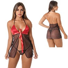Baby Doll em Tule com Busto em Cetim Vermelho e Preto