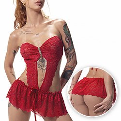 Foto do Produto Body Sensual Sexy em Renda sem Al�as de Amarrar com Bijoux Vermelho