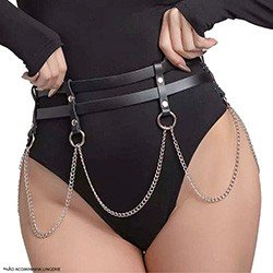 Cinto Duplo Sensual em PU Imitação de Couro com Corrente Ajustável - Estilo Harness BDSM Preto