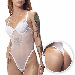 Foto do Produto Body Cavado Sensual Sexy em Tule e Renda com Bojo, Aro e Regulagem Branco