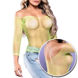 Cropped Sensual Sexy em Spandex com Strass Manga 7/8 Estilo Bodystocking Verde Neon
