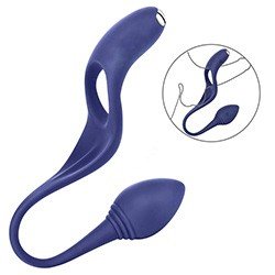 Anel Peniano com Vibrador Recarregável em Silicone com Plug Anal 7 Vibrações Antom Azul