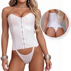 Corpete Sensual Sexy em Cirre sem Bojo com Zíper e Calcinha String Poder Absoluto Branco