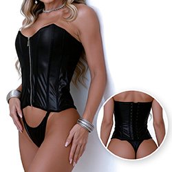 Corpete Sensual Sexy em Cirre sem Bojo com Zíper e Calcinha String Poder Absoluto Preto