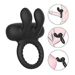 Anel Peniano com Vibrador Recarregável em Silicone Toque Aveludado com 10 Vibrações Rabbit Preto