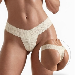 Calcinha Tanga Fio Dental Sexy Toda em Renda Off White