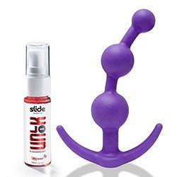 Foto do Produto Kit Gel para Sexo Anal Dessensibilizante Unlok 15ml + Plug Anal em Silicone Balls 13 x 3cm Roxo