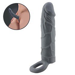 Foto do Produto Capa Peniana em Silicone de 18cm e Extensor Interno de 7cm com Anel para Escroto Cinza