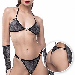 Foto do Produto Conjunto Sensual Sexy Strappy em Lurex sem Aro e sem Bojo com Calcinha e Luva Kelly Preto