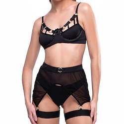 Foto do Produto Conjunto Sensual Sexy em Poliamida e Tule com Aro sem Bojo e Cinta Liga Sexy Appeal Preto