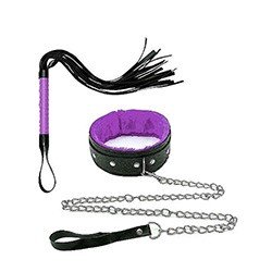 Coleira Social em PU (Imitação em Couro) com Guia e Flogger Preto e Roxo