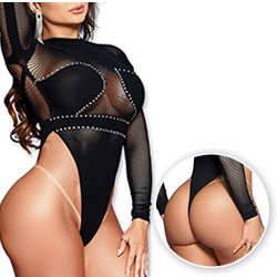 Body Cavado Ousado Sexy em Spandex com Strass no Estilo Bodystocking Lore Preto