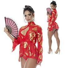 Fantasia Gueixa Sofie com Robe, Leque, Calcinha Tanga e Palito para Cabelo Vermelho