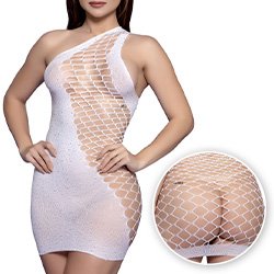 Foto do Produto Vestido Ousado Sexy em Spandex com Strass Ombro Só no Estilo Bodystocking Ester Branco