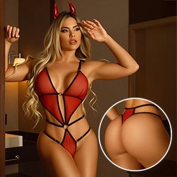 Fantasia Erótica de Diabinha em Tule sem Aro e Sem Bojo com Chifrinho Vermelha e Preta